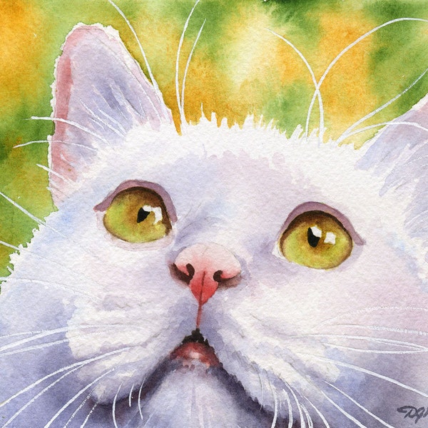 WHITE CAT Art Print Watercolor by Artist DJ Rogers