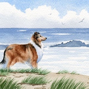ROUGH COLLIE Impressão artística "Rough Collie At The Beach" Aquarela por DJ Rogers