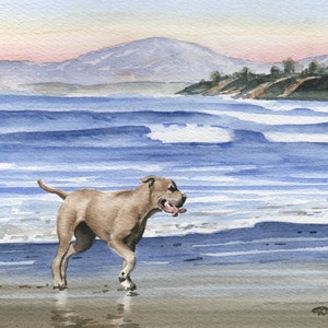 PIT BULL am STRAND Hund Aquarell Kunstdruck von Künstler D J Rogers