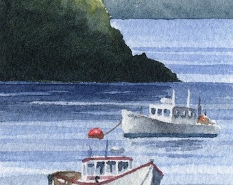 LOBSTER BOATS Watercolor Fine Art Print by Artist DJ Rogers