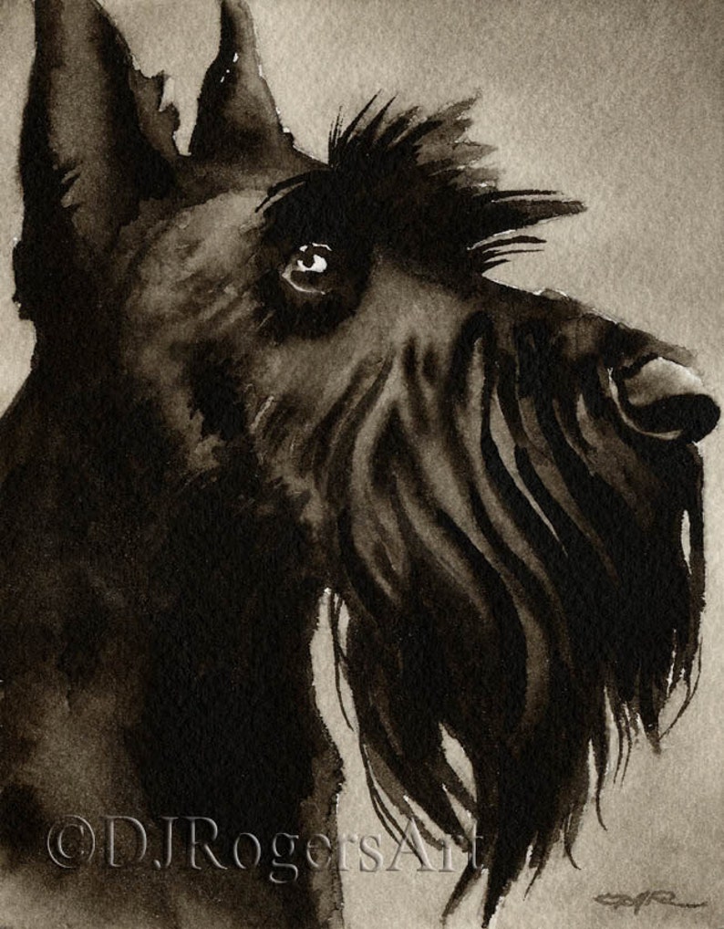 SCOTTISH TERRIER Sepia Art Print by Watercolor Artist DJ Rogers image 1