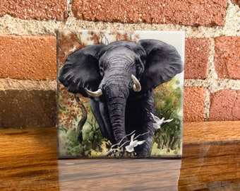 African Elephant Ceramic Tile - Elephant Decorative Tile - Animal Lover Gift - Unique Nature Gifts