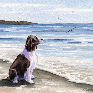 SPRINGER SPANIEL Art Print &quot;Springer Spaniel At The Beach&quot; Watercolor by Artist DJ Rogers