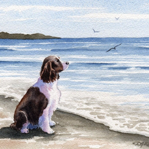 SPRINGER SPANIEL Impression d’art « Springer Spaniel At The Beach » Aquarelle par l’artiste DJ Rogers