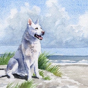 White German Shepherd Art Print "White German Shepherd At The Beach" by Artist DJ Rogers