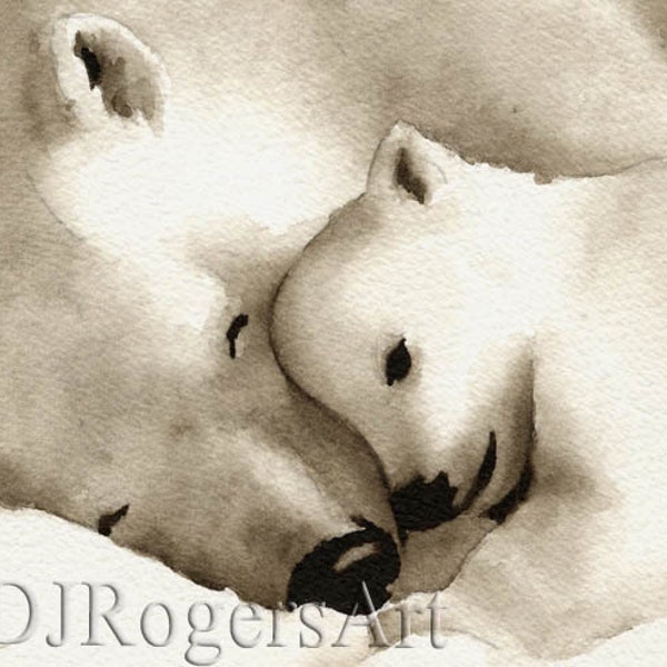 POLAR BEARS Sepia Art Print by Watercolor Artist DJ Rogers