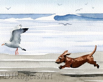 Dachshund Art Print &quot;DACHSHUND At The Beach&quot; by Watercolor Artist DJ Rogers