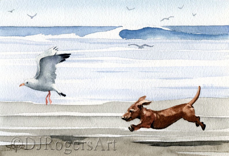 Dachshund Art Print DACHSHUND At The Beach by Watercolor Artist DJ Rogers image 1