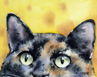 Tortie Cat Art Print Tortoiseshell Watercolor by Artist DJ Rogers