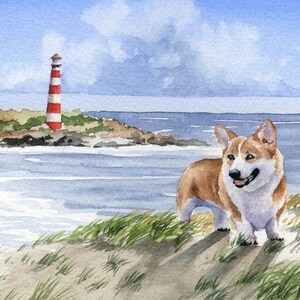 Welsh Corgi Art Print &quot;WELSH CORGI at the BEACH&quot; Watercolor by Artist D J Rogers