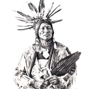 CHIEF MANY HORNS Pencil Drawing American Indian Art Print by Artist D J Rogers