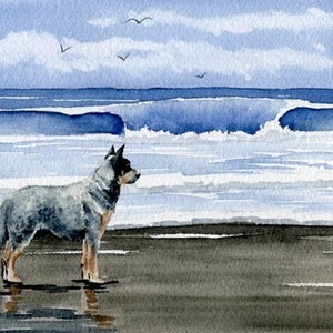 AUSTRALIAN CATTLE Dog Art Print "Australian Cattle Dog At The Beach" Watercolor by Artist DJ Rogers