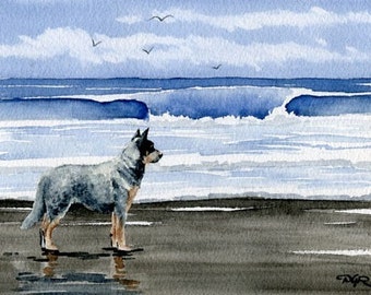 AUSTRALIAN CATTLE Dog Art Print "Australian Cattle Dog At The Beach" Watercolor by Artist DJ Rogers