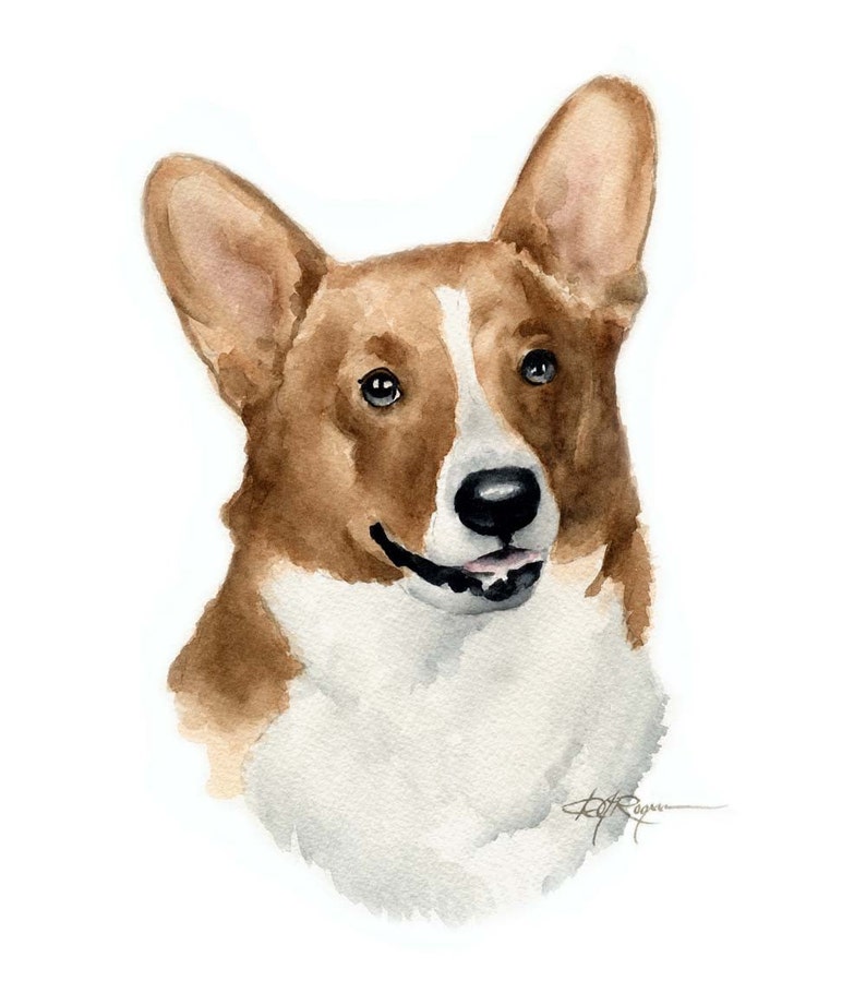 Welsh Corgi Puppy Art Print Sepia Watercolor Painting by Artist DJR