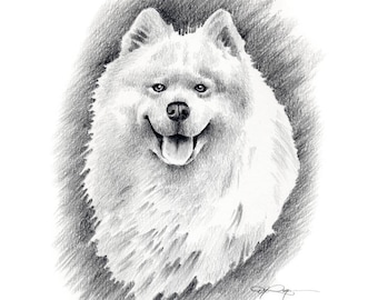 SAMOYED Dog Pencil Drawing ART Print by Artist DJ Rogers
