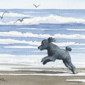 Black Poodle Art Print &quot;BLACK POODLE At The BEACH&quot; Watercolor by Artist D J Rogers