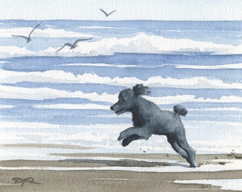 Black Poodle Art Print "BLACK POODLE At The BEACH" Watercolor by Artist D J Rogers