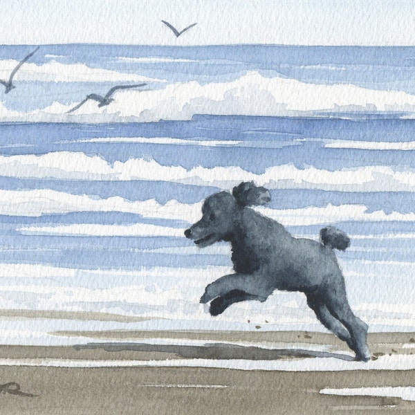 Black Poodle Art Print "BLACK POODLE At The BEACH" Watercolor by Artist D J Rogers