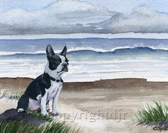 Boston Terrier Art Print "BOSTON TERRIER At The Beach Dog" by Watercolor Artist DJ Rogers