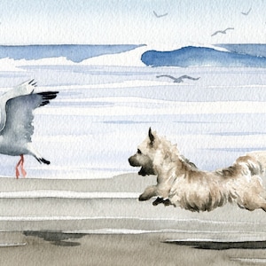 Cairn Terrier Art Print &quot;CAIRN TERRIER At The Beach&quot; Watercolor by Artist DJ Rogers