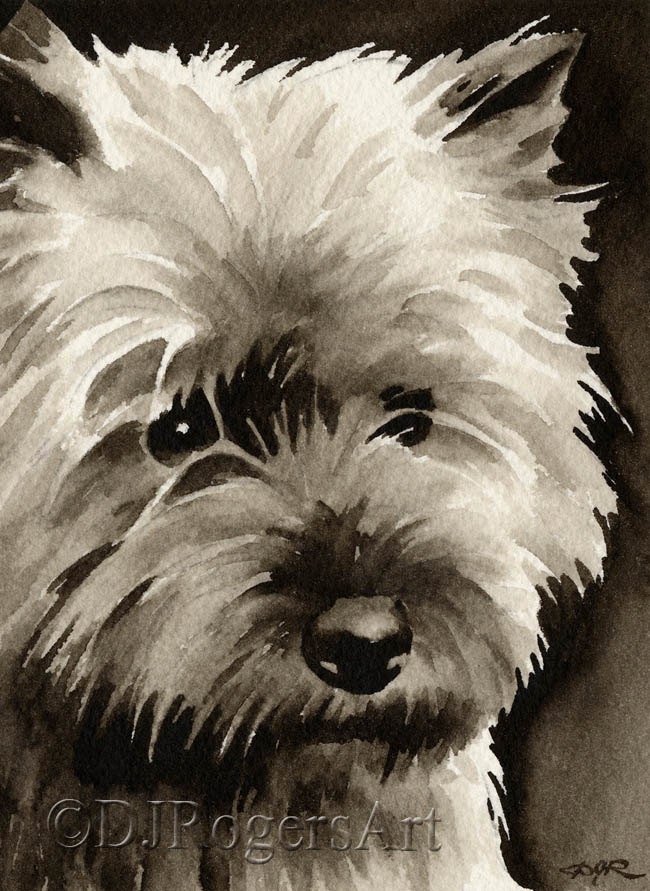 CAIRN TERRIER Sepia Art Print by Watercolor Artist DJ Rogers