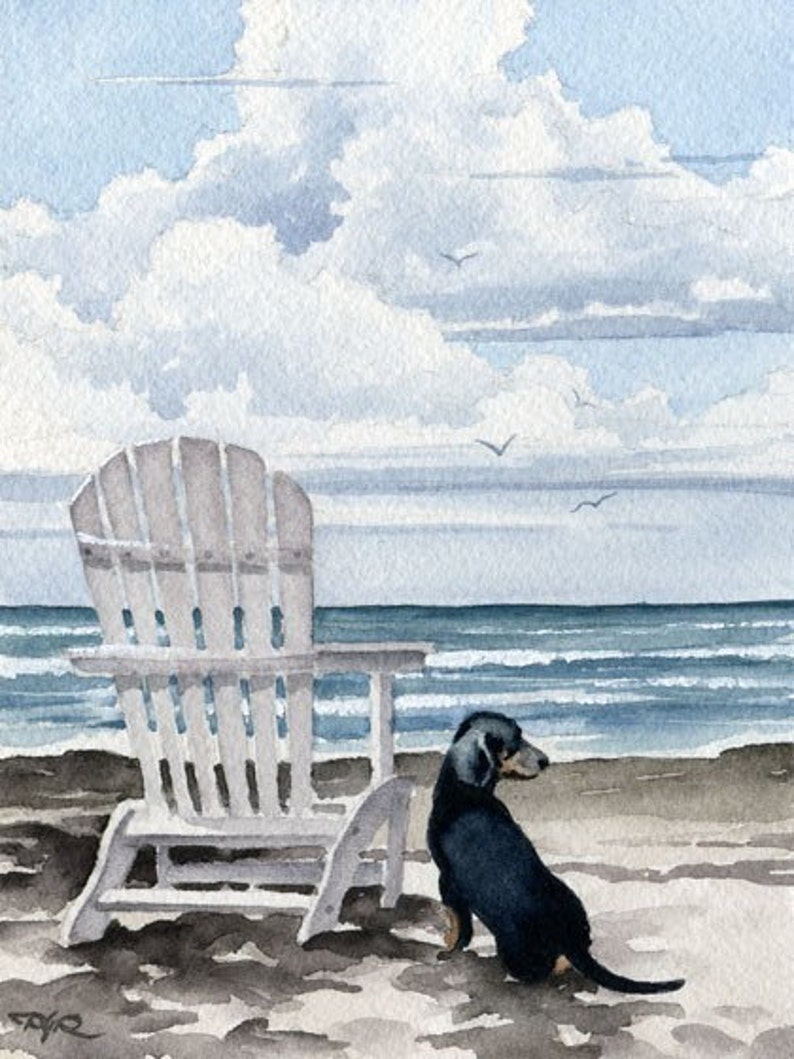 Dachshund Art Print DACHSHUND At The BEACH Dog Watercolor by Artist DJ Rogers image 1