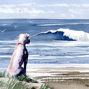 WHITE BOXER Art Print &quot;White Boxer At The Beach&quot; by Watercolor Artist DJ Rogers