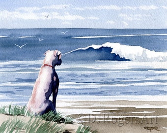 WHITE BOXER Art Print "White Boxer At The Beach" by Watercolor Artist DJ Rogers