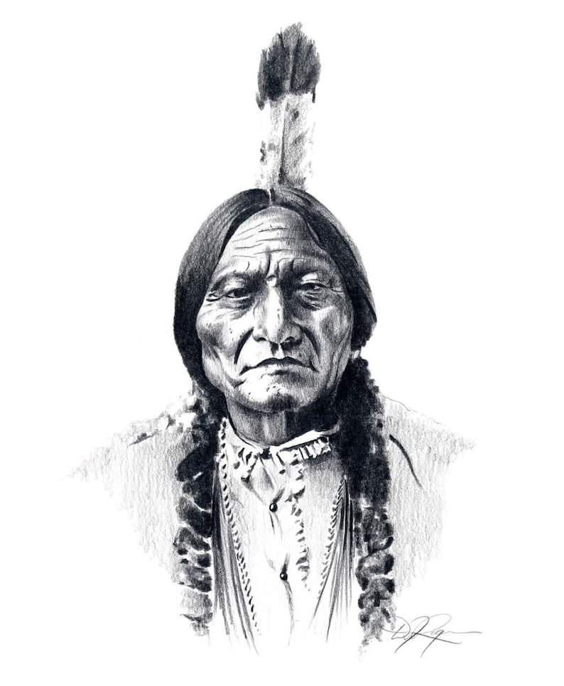 Chief SITTING BULL Pencil Drawing American Indian Art Print by Artist DJ Rogers image 1