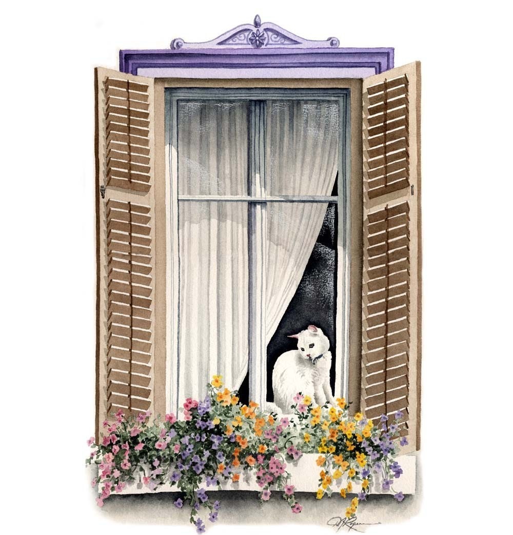 White Cat in the Window Art Print by Watercolor Artist DJ Rogers