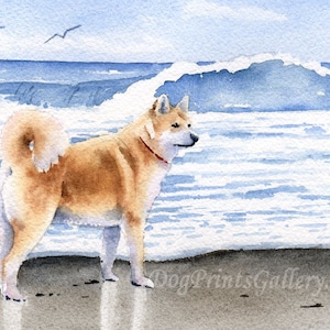 AKITA At The BEACH Dog Art Print by Watercolor Artist DJ Rogers