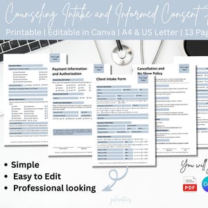 Editable Counseling Intake Form Template | Printable Therapy Client Agreement | Mental Health Documents for Medical Practitioners