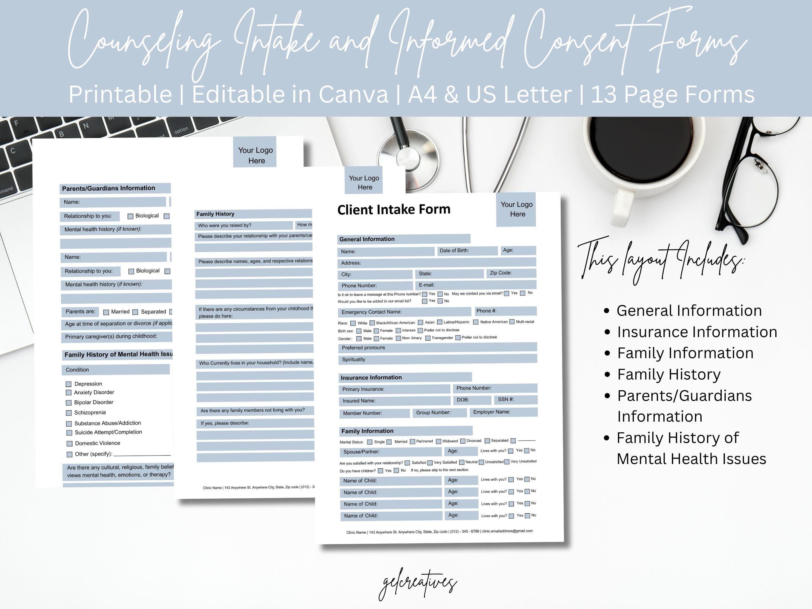 Editable Counseling Intake Form Template | Printable Therapy Client ...