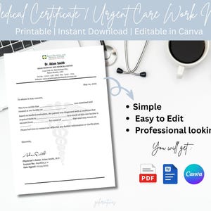 May include: A medical certificate template with the text "Medical Certificate / Urgent Care Work Note" and "Printable | Instant Download | Editable in Canva." The design includes a doctor's letterhead, a stethoscope, a coffee cup, and glasses.