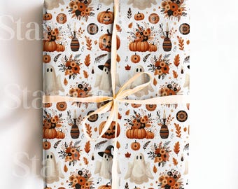 Papel de embrulho vintage boho fofo para Halloween, papel de presente com estampa floral de outono e abóbora fantasma, papel retrô assustador para festa de aniversário e Halloween no outono