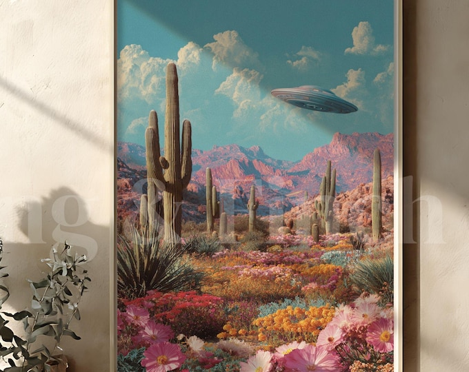 Retro Surreal UFO Desert Wall Art, Cactus Landscape Mid Century Style Alien Lover Home Decor Gift, UFO Sci-Fi Maximalist Vintage Wall Print