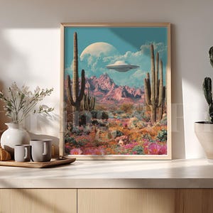 Retro Surreal UFO Desert Wall Art, Cactus Landscape Mid Century Style Alien Lover Home Decor Gift, UFO Sci-Fi Maximalist Vintage Wall Print