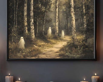 Skogsspöke väggkonsttryck, kuslig Halloweenkonst, hemsökt skogsestetik, vintage spökkonstverk, gotisk heminredningsgåva, spökmålning