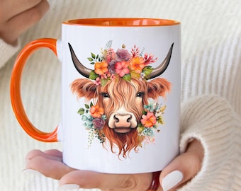 Floral Highland Cow Mug | Modern Farmhouse Cow | Boho Cow Mug | Country Life Mug | Highland Cow Gift | Highland Cow Mug