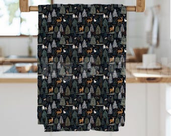 Woodland Christmas Kitchen Towel Forestcore Animals Winter Trees Holiday Hand Towel Cute Rustic Dark Cottagecore Housewarming Hostess Gift