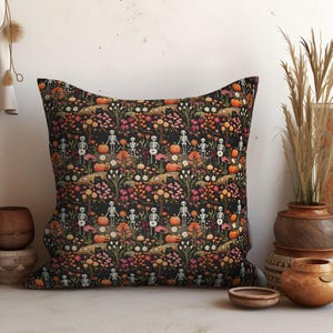 Halloween Pillow Cover, Vintage Inspired Floral Skeleton Throw Pillow, Dark Whimsical Autumn Luxe Accent Decor for Grandmillenial Home