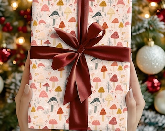 Papier cadeau champignon de Noël pastel, emballage cadeau forêt de champignons bohème mignon, emballage cadeau vacances forêt cottagecore, emballage cadeau de Noël simple