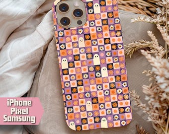 Retro Pink Halloween Ghost Checkered Phone Case Vintage Aesthetic Spooky Cute Phone Cover Gift for Teen or Friend iPhone Samsung Pixel