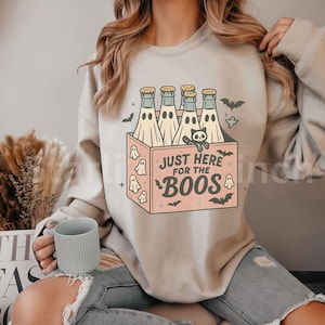 Funny Halloween Sweatshirt Gift For Beer Lovers Cozy Spooky Season Outfit Just Here For The Boos Ghost Fall Pullover For Women