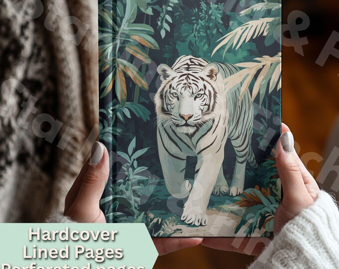 Neutral Green White Tiger Hardcover Journal Gift Artist Student Veterinarian Zookeeper Tiger Lover Maximalist Birthday Grad Gift Notebook