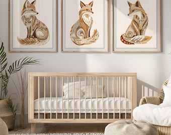 Nordic Fox Nursery Wall Art Print Scandinavian Folk Art Animal Decor in Boho Forest Woodland Style Gift for Baby Shower Kids Playroom Print