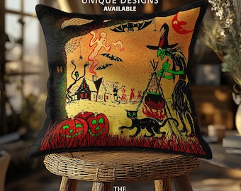 Vintage Halloween Pillows | Edgar Allan Poe Raven | Witches | Pumpkins & Spells  Hand-Drawn | Spooky Gothic Halloween Home Decor Gift