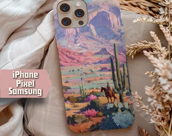 Retro Western Wüste Cowboy Handyhülle Geschenk für Teenager oder Freund, rosa Wüstenkaktus Western Sonnenuntergang, iPhone Samsung Pixel Stocking Stuffer