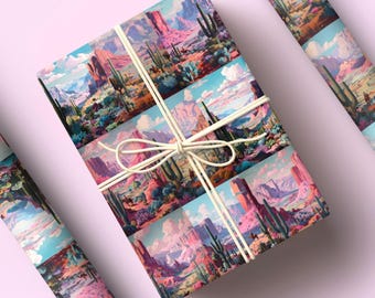 Retro Western Desert Cowboy Wrapping Paper | Vintage Cactus Landscape Gift Wrap | Southwestern Country Gift Wrap Paper for Men or Women