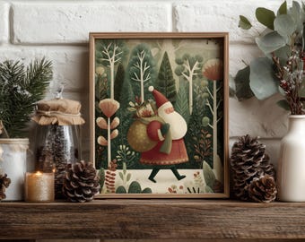 Whimsical Scandinavian Santa Wall Art Print, Nordic Christmas Home Decor